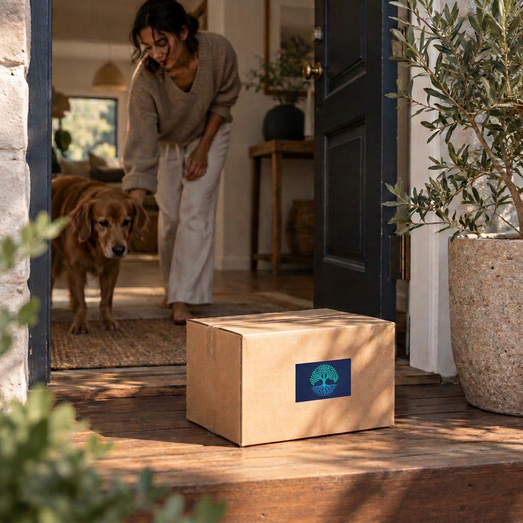 A delivery package waiting beside a sunlit front door