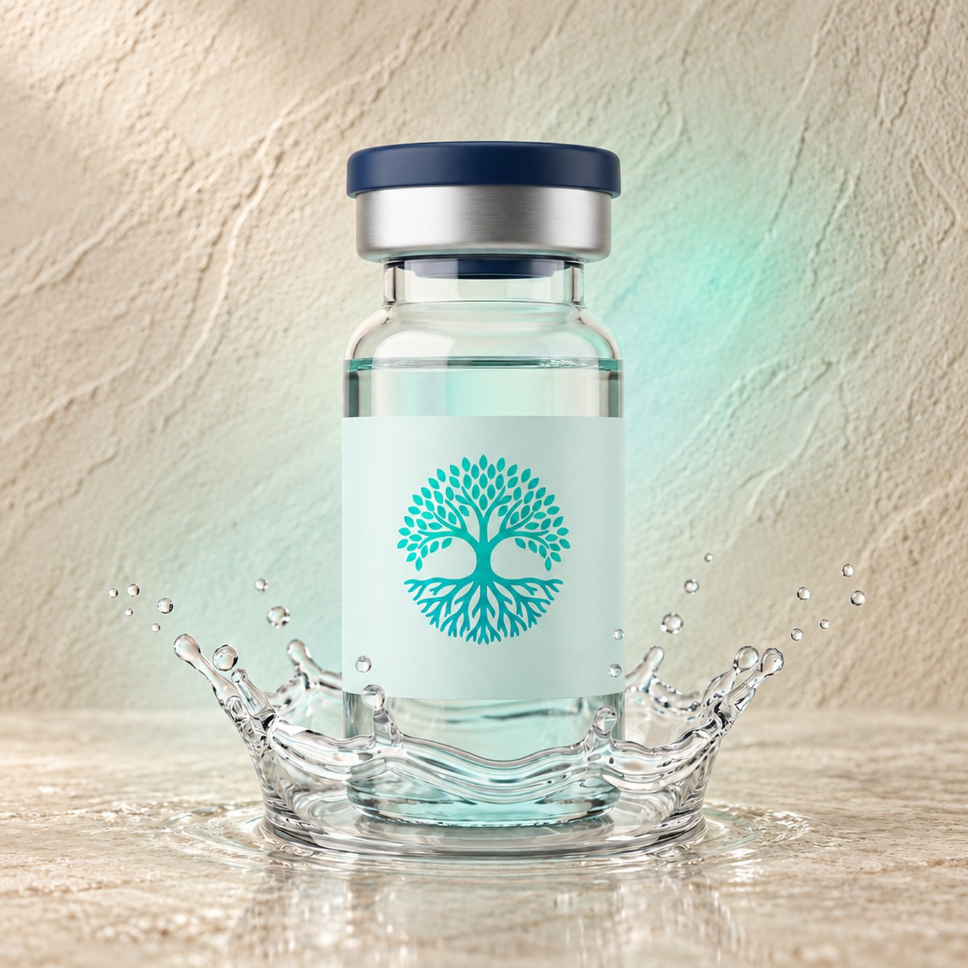 A glass care vial with a pale mint label in a clear water ripple crown