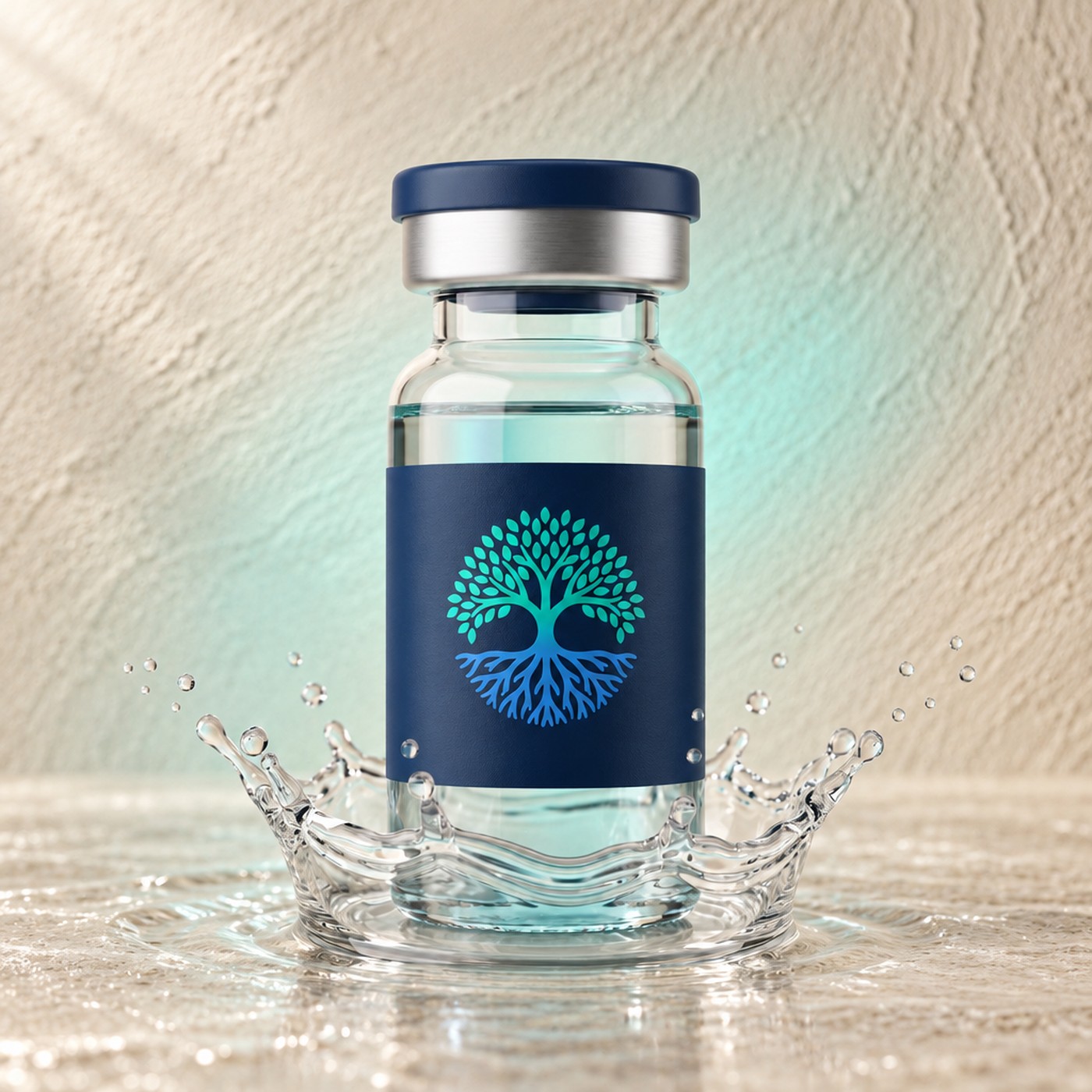 A glass care vial with a navy label on a diagonal with a turquoise rim light