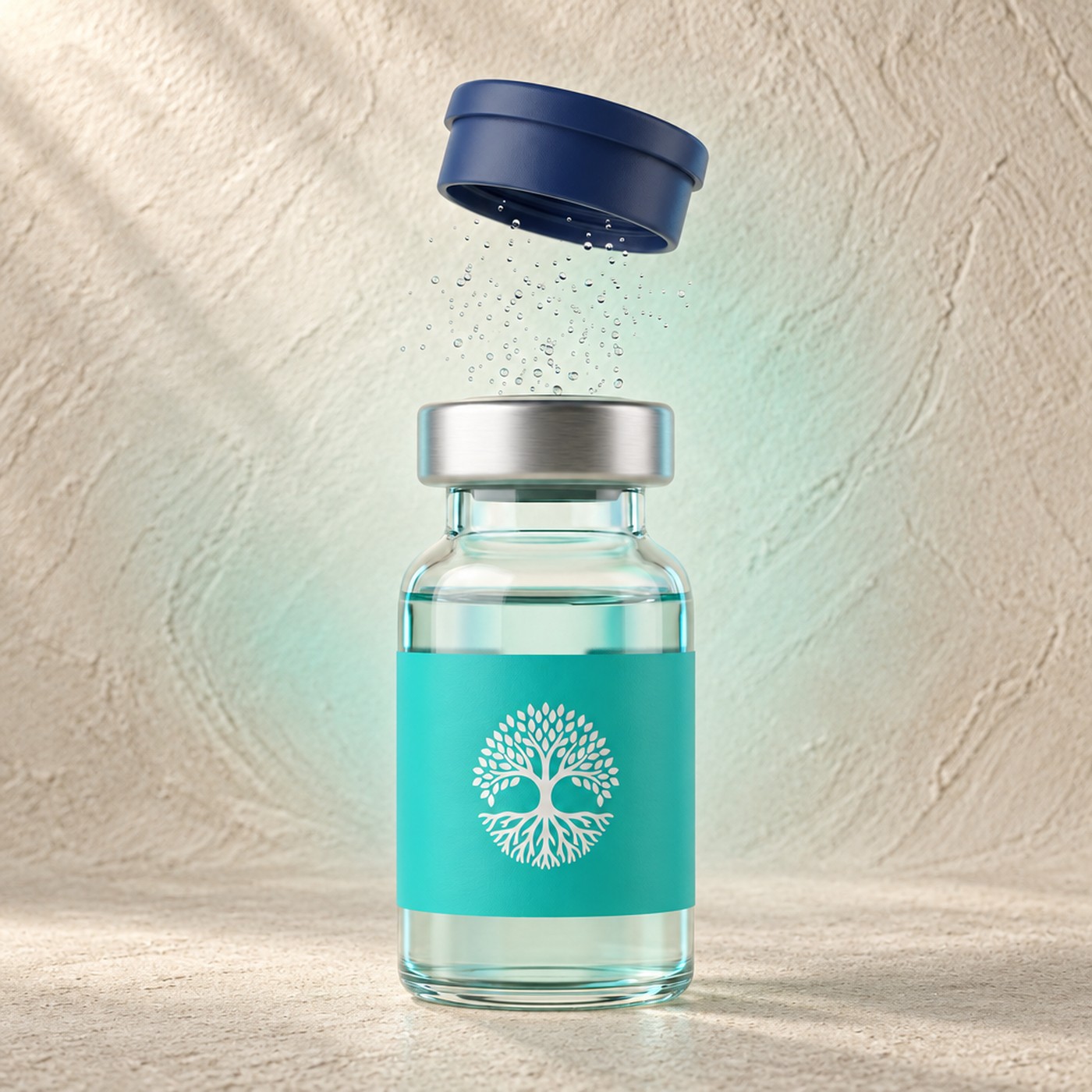 A glass care vial with a turquoise label, its cap floating above among fine droplets
