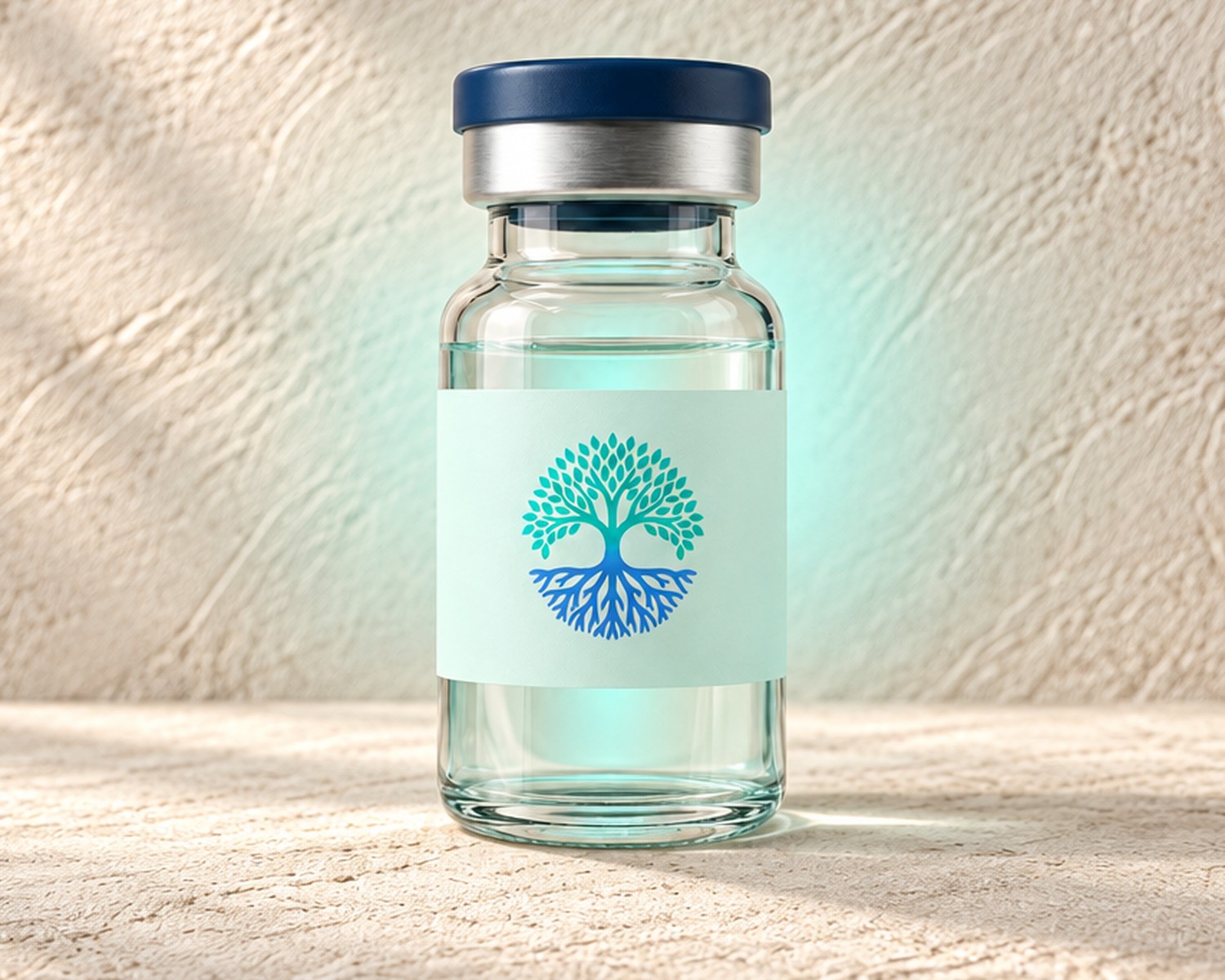 A glass care vial with a turquoise label lying on a pale mint surface with droplets