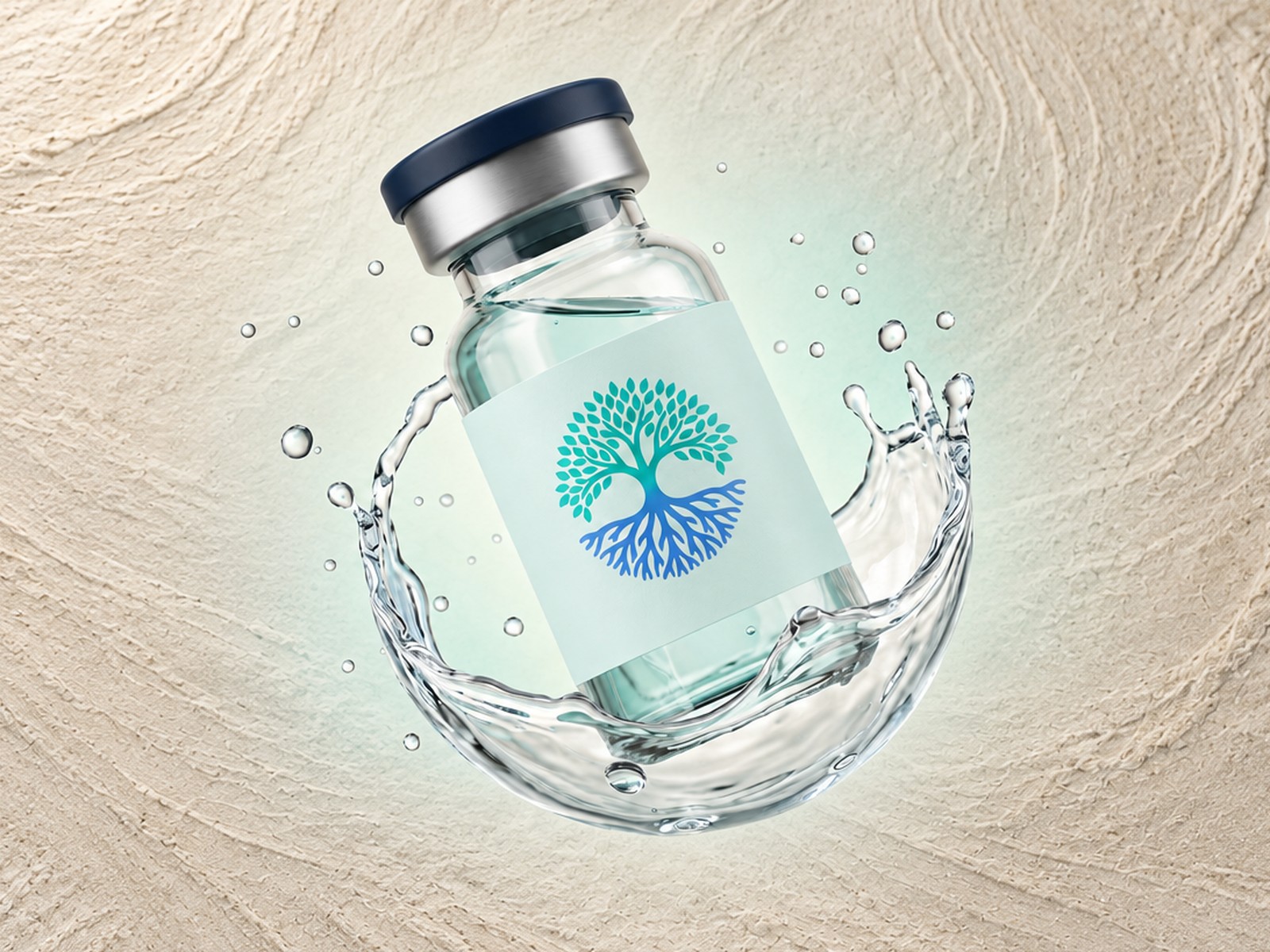 A glass care vial with a pale mint label surrounded by floating water droplets