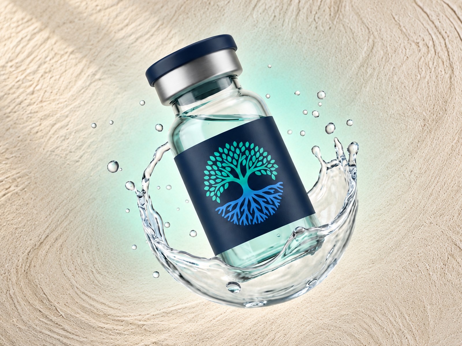 A glass care vial with a navy label hovering above a cream stone plinth