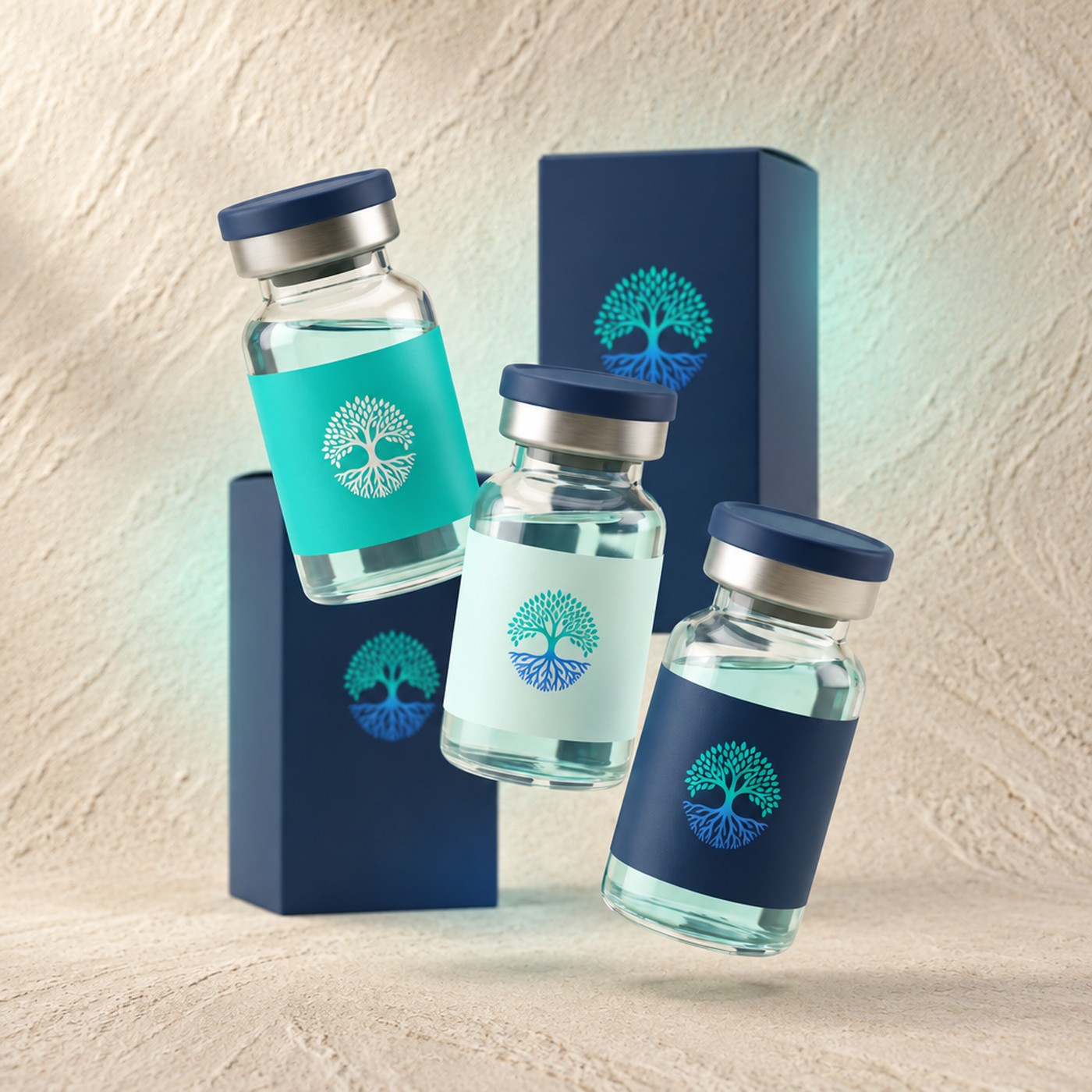 Three glass care vials with turquoise, pale mint and navy labels floating before navy boxes