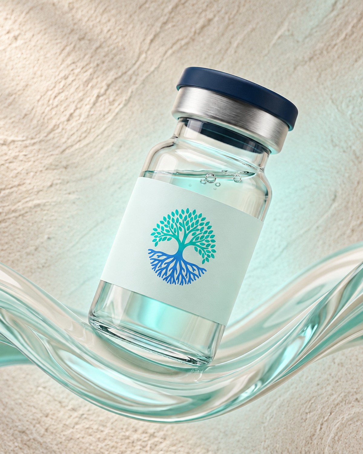 A glass care vial with a pale mint label resting on a flowing mint and cream liquid wave