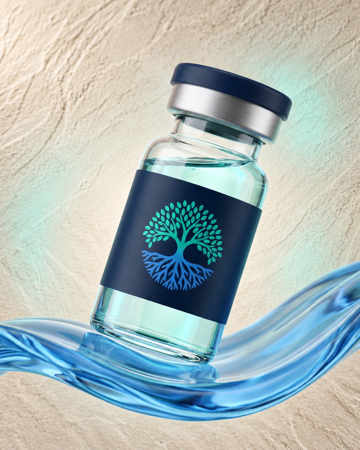 A glass care vial with a navy label resting on a flowing blue liquid wave