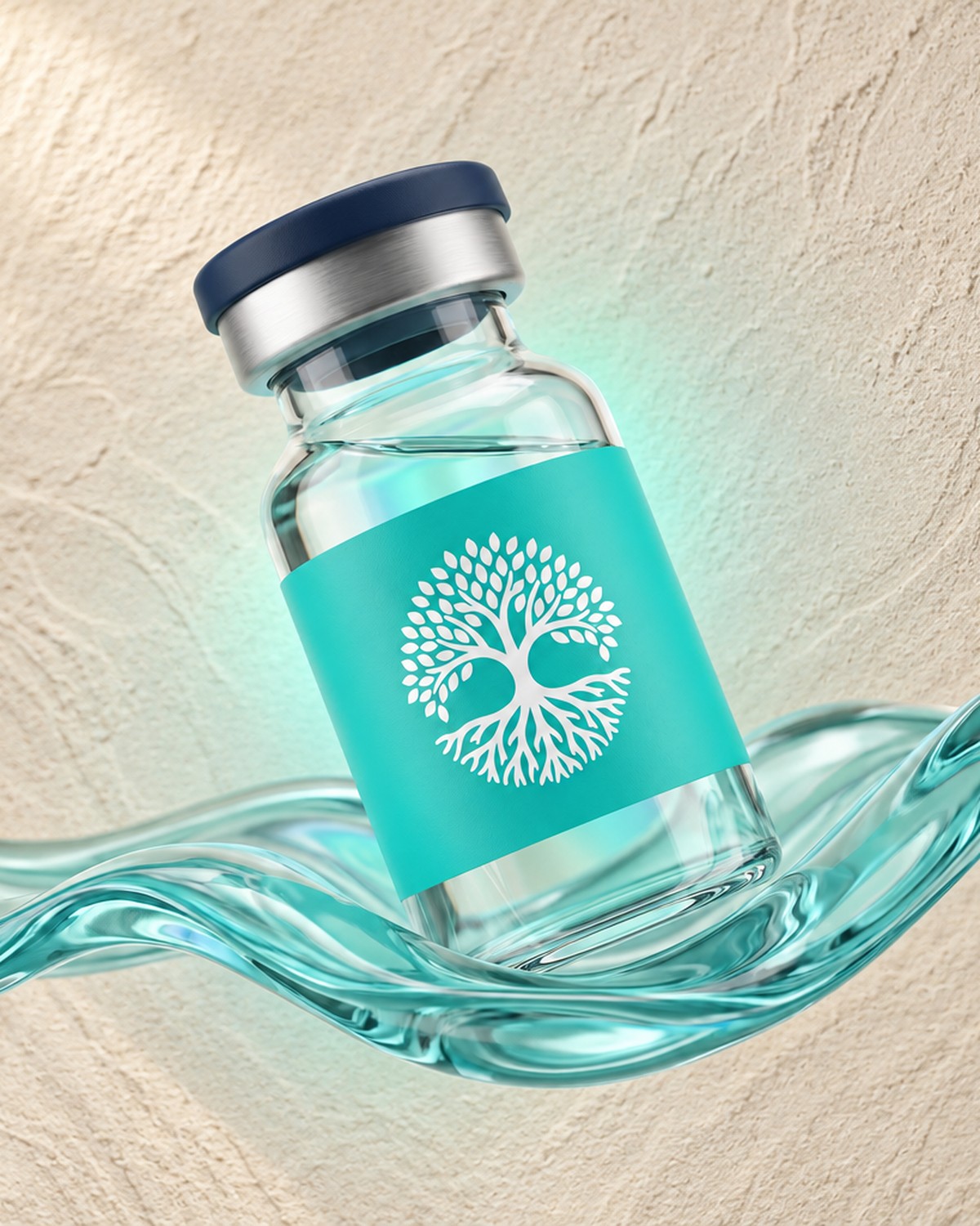 A glass care vial with a turquoise label resting on a flowing turquoise liquid wave